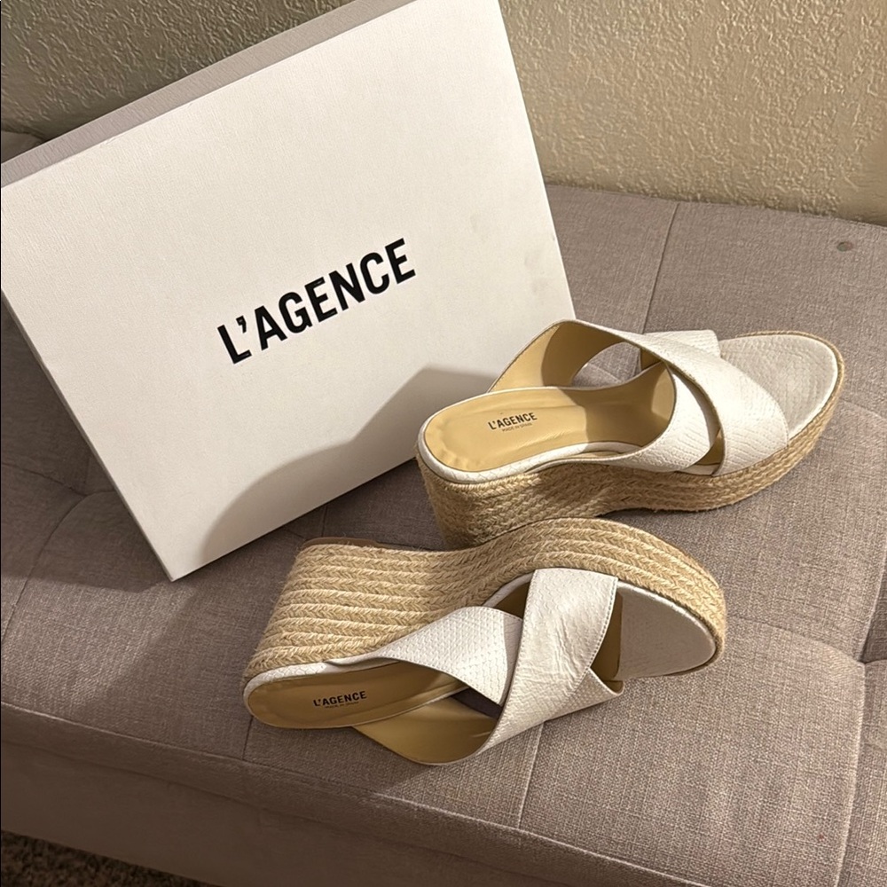 L'AGENCE White and Tan Espadrille Shoes